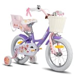 JOYSTAR Vélo licorne 16 pouces pour filles de 4 à 7 ans, avec siège de poupée, roues stabilisatrices, panier (violet clair)