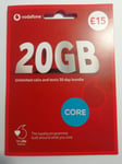 New Vodafone Rollover PAYG SIM Card Unltd calls txts 20GB £15 *NB ZERO CREDIT*