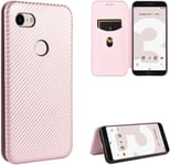 Compatible Avec Coque Google Pixel 3, Mince Flip Fibre De Carbone [Test De Chute] Antichoc Stand Fente Avec Carte, Protecteur D'écran En Verre Trempé*2-Or Rose