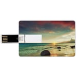 8G USB Flash Drives Credit Card Shape Seaside Decor Memory Stick Bank Card Style Sunrise over the Sea Tropical Water Golden Beach with Rock and Dramatic Sky Nature Photo,Blue Cream Waterproof Pen Thu