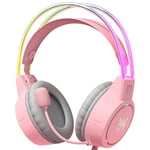 Casque d'oreille de chat rose avec lumiere LED RVB Flexible Mic Casque de jeu Casques RVB St¿r¿o Musique ¿couteur pour PC Gamer Filles Cadeau-Rose RVB 3,5 mm USB_XINENGJI