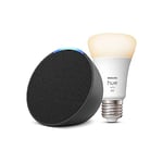 Echo Pop | Anthracite + Philips Hue White ampoule connectée (E27), Fonctionne avec Alexa - Kit de démarrage Maison connectée