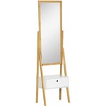 Miroir sur pied avec rangement tiroir en bambou et mdf - dim. 45L x 30l x 160H cm - blanc et naturel