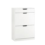 SoBuy Meuble Chaussure, Rangement Chaussure, Meuble d'Entrée, Meuble de Rangement à Chaussures Armoire, Commode à Chaussures avec 2 Abattants et 1 Tiroir pour Couloir, L60xP30xH90 cm, Blanc, FSR180-W