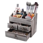 Wood Desk Makeup Organizer, Cosmetic Storage Box with 3 Drawers, Counter Organizer for Brushes, Pens, Jewelries - Rustic Grey