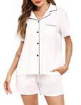 Lovasy Pyjama Coton Femme Short Ensemble Pyjamas Légers Col V Manches Courtes Chic Été 2 Pièces Vêtements de Nuit Court Boutonnée A Blanc XXL