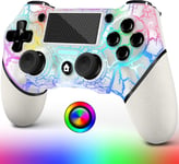 Oled Manette Pour Ps4, Contrôleur Sans Fil Pour Ps4/Slim/Pro/Pc Windows,Conception Personnalisée De Fissures Blanc Avec Lampe Rgb,Batterie De 1000mah Et Prise Audio De 3,5mm! (Blanc-S'allume)