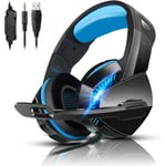 PS4 Gaming Headset med 7.1 Surround Sound, Xbox One Headset med brusreducerande mikrofon och LED-ljus, Over Ear-hörlurar, kompatibel med Nintendo Swit Black Blue