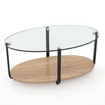 GOPLUS Table Basse à 2 Niveaux avec Plateau en Verre Trempé, Cadre en Métal Robuste, Table d’Appoint Ovale Style Moderne avec Patins Réglables, Meuble Multifonctionnel pour Salon, Chambre, Bureau