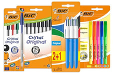 BIC Pens, 10 Cristal Original Black Pens, 5 Cristal Original Colouring Pens, 3 Original 4 Colours Pens, 5 Highlighter Grip Pens, School Supplies, 23 Pack