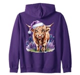 Christmas Highland Cow Purple Thistles Cow Lovers Women Kids Zip Hoodie