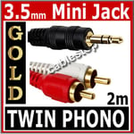 2m Twin RED WHITE 2x RCA PHONO to Stereo 3.5mm Mini Jack STEREO Audio Aux Cable