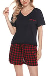 Vlazom Women's Pyjama Sets V-Neck Soft Summer Pjs Set Solid Top and Plaid Shorts Sleepwear Loungewear with Pockets, Red, XL