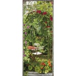 Plage - Sticker mural décoratif 204 cm x 83 cm, trompe l'oeil fleuri avec arche de capucine et rose trémière autour d'une table de jardin. - Vert