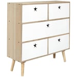 STARLY - Commode 5 Tiroirs Blanc et Bois Poignées Ajourées Etoiles