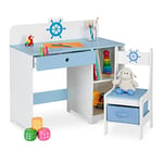 Relaxdays Bureau et Chaise pour Enfants, tiroir et 2 Compartiments Ouverts, Motif Maritime, Bleu - Blanc