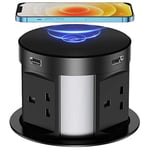 Pop Up Sockets for Kitchen Worktops with Wireless Charging, Pop Up Plug Socket with USB, Recessed Desk Power Outlet 4 UK Plug, 2 USB, 1RJ45 Port, 1 HDMI Port for Office and Home