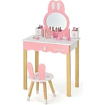 GOPLUS Coiffeuse pour Enfant avec Miroir Amovible, Table de Maquillage avec Tiroir et 2 Boîtes de Rangement, Coiffeuse en Forme de Lapin avec