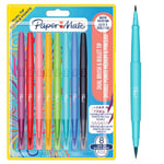 PAPER MATE Flair DUAL Stylo-Feutres | Pointes Pinceau et Médium (0,7 mm) | Stylos de coloriage à double extrémité | Couleurs assorties | Lot de 8