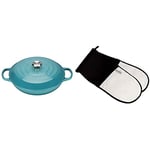 LE CREUSET Signature Enamelled Cast Iron Shallow Casserole Dish With Lid + Le Creuset 4-Layered Textile Double Oven Gloves, Stain Resistant, Black