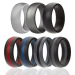 ROQ Silicone Wedding Ring for Men, 7 Pack Silicone Rubber Band - Silver, Black, Black with Red, Blue,Grey Stripe, Silver - Size 12