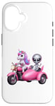 Coque pour iPhone 16 Licorne et extraterrestre OVNI équitation une moto garçons filles femmes