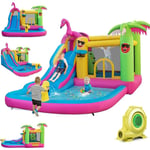 Château Gonflable Thème Tropical avec Souffleur 680W, Long Toboggan Aquatique,Piscine à Eclaboussures Ballon Océanique - Costway