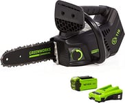 Greenworks GD40TCSK2 Tronçonneuse à Batterie Top Poignée Moteur Sans Balais, Longueur Guide-Chaîne 25 cm, Vitesse de Chaîne 12m/s, 2,4kg, Graisseur Automatique, Anti-rebond, Batterie 40V 2Ah, Chargeur