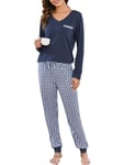 Vlazom Pyjama Femme Hiver Ensembles de Pyjama à Manche Longue Col en V Vêtements de Nuit à Carreaux Chaud Long，A-Navy，M