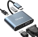 Oliveria Adaptateur USB C vers HDMI VGA, 4K @ 30 Hz, 4 en 1, adaptateur multiport Thunderbolt 3 vers HDMI VGA, PD 100 W, port USB 3.0 MacBook/MacBook Pro/Air, Chromebook, Dell, HDTV, Galaxy