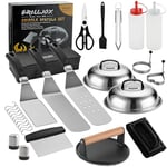 grilljoy Set de Accessoires Plancha, Kit Barbecue pour Homme - Set Spatule Plancha Extra Épaisse avec Smash Burger Press - 28PCS Kit Ustensiles Plancha pour Barbecue Extérieur, Teppanyaki, Camping