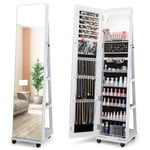 GOPLUS Armoire à Bijoux avec Miroir, Organisateur de Bijoux avec Lumières LED 3 Couleurs, Serrure, Miroir de Courtoisie Intégré, Anti-Basculement, 4 en 1 Armoire à Bijoux sur Pied avec Roues (Blanc)