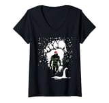 Womens Bigfoot Christmas Loch Ness Santa Hat Lights Snowflakes Xmas V-Neck T-Shirt