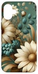 Coque pour iPhone 16 Plus Chrysanthèmes dramatiques sur toile bleu sarcelle