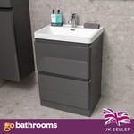 Newbold Dark Grey Gloss Bathroom Floor Vanity Unit White Polymarble Basin 60cm