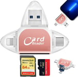 Lecteur de cartes SD TF multi-ports 4 en 1 universel USB 3.0 externe lecteur de carte mémoire,lecteur de carte SD/Micro SD pour téléphone Android,lecteur de carte mémoire micro SD (rose)(Q1622)