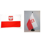 AZ FLAG Drapeau Pologne avec Aigle 150x90cm - Drapeau polonais 90 x 150 cm Polyester léger & Drapeau de Table Pologne avec Aigle 21x14cm - Petit Drapeaux DE Bureau polonais 14 x 21 cm