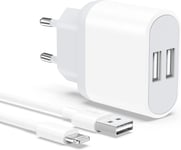 Chargeur Iphone, Prise Usb Avec Cable 2m Pour Iphone 8 7 6 6s Plus Xr X Xs 11 12 13 14 Pro Max Mini Se 5 5c 5s, Ipad, 2-Pack 5v 2.1a Double Usb Charger Adaptateur Secteur Mural Alimentation