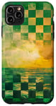 Coque pour iPhone 11 Pro Max Green Art Deco Coque de téléphone motif damier plage et océan coucher de soleil