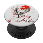 Grue japonaise Kanji à couronne rouge, cerisier Sakura PopSockets PopGrip Adhésif