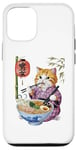 Coque pour iPhone 12/12 Pro Chat animé mignon en kimono mangeant des ramen Anime drôle