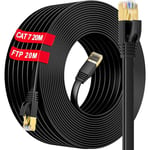 Cable Ethernet 20m Blindé, Cat 7 RJ45 Cable 20m Plat Câble Réseau Haut Debit Fiber, Câble lan Internet Gigabit 10Gbps 600MHz s/ftp Ethernet Câble