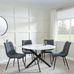 Chopstick White Glass and Black Metal 4 Seater Round Dining Set - 4 Corona Light Grey Fabric Chairs