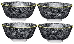 KitchenCraft Set of 4 Glazed Stoneware Bowls with Contemporary Flower Pattern, Black & White Ceramic Bowls with Footed Base, Microwave & Dishwasher Safe, 15.7 cm (6")