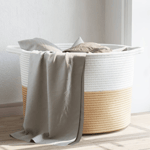 vidaXL Beige and White Woven Cotton Laundry Basket with Sturdy Handles, Foldable