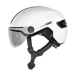 ABUS Casque de ville HUD-Y ACE - casque de vélo stylé avec visière et feu arrière LED magnétique et rechargeable - pour hommes et femmes - blanc brillant, taille S