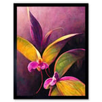 Pink Orchid Vibrant Mauve Flowers Painting Art Print Framed Poster Wall Decor 12x16 inch