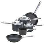 Anolon Ensemble de casseroles et poêles professionnelles – Lot de 6 poêles antiadhésives avec couvercles en verre, poignées en acier inoxydable durable, casseroles en métal, wok et poêle à frire, noir