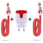 Pack Pour Manette Playstation 4 Ps4 Micro-Usb (2 Cables Chargeur Noodle + Double Prise Couleur Secteur) Android - Rouge