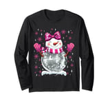 Cute Snowman Disco Ball Christmas Coquette Bow Women Girls Long Sleeve T-Shirt